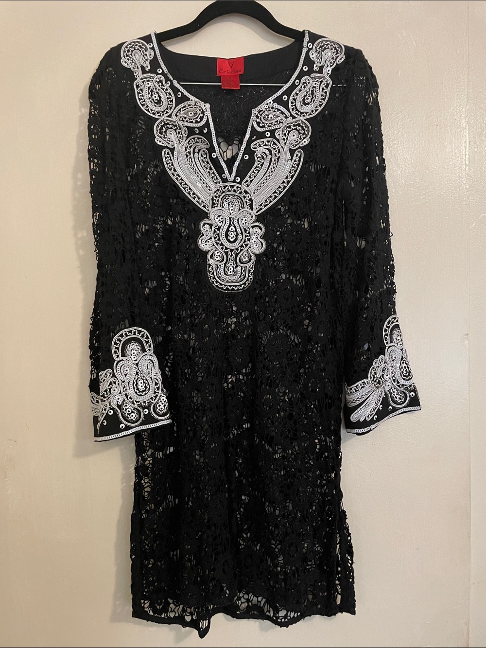 Christina Black Lace Tunic with White Embroidered Accents